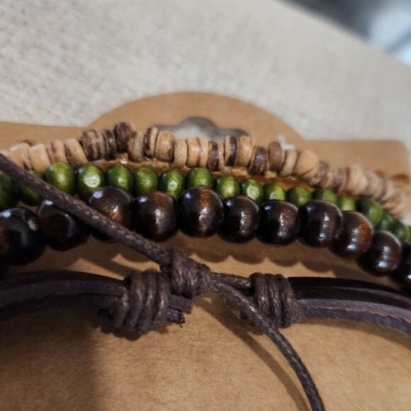 Nwt Womens /Mens Leather and Wood Brown Hues Bracelet Set - Picture 4 of 4